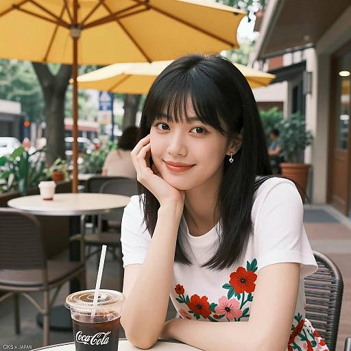 Asian Woman Sitting at Outdoor Cafe with Drink