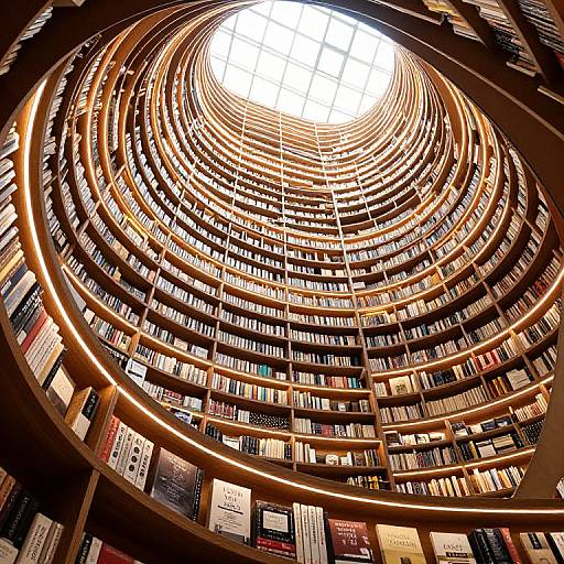Photograph of a circular, multi-tiered library with wooden shelves filled with books, illuminated by a bright skylight at the center.