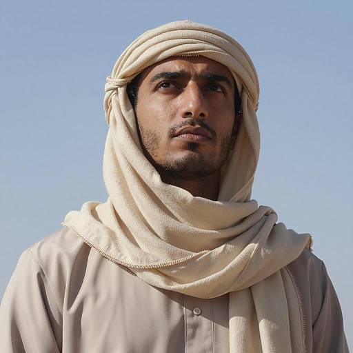 Serious Man in Beige Headscarf Under Blue Sky