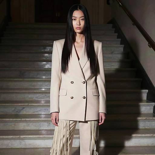 Fringe Hair Tailored Suit on Marble Staircase