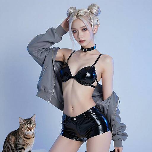 Photograph of a pale-skinned, blonde woman with double buns, wearing black leather bra and shorts, gray jacket, choker, standing with