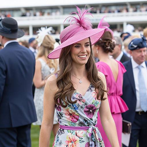 Photograph of a smiling woman in a colorful floral dress and pink hat with feathers, standing at an outdoor horse racing event.
