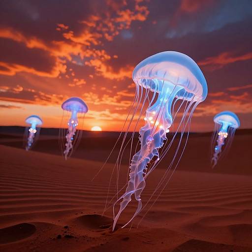 Photograph of glowing blue jellyfish floating in a red desert sand dune at sunset, with an orange and purple sky backdrop.