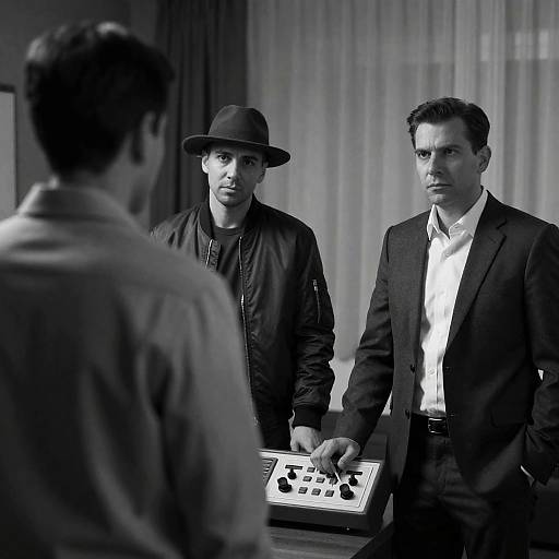 Dramatic Black-and-White Photo of Three Men
