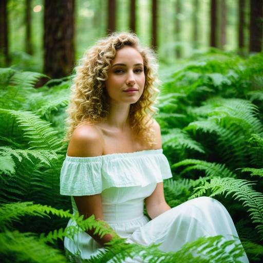 Woman in White Dress Sitting Among Green Ferns