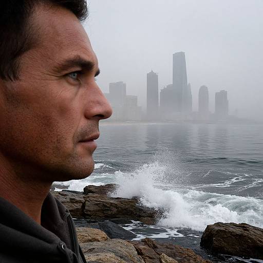 Photograph of a serious, middle-aged man with short brown hair, side profile, by rocky shoreline with splashing waves, misty cityscape in