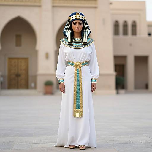 Photograph of a young woman in an Egyptian-style white dress with blue and gold striped headdress and belt, standing in a sunlit, arched