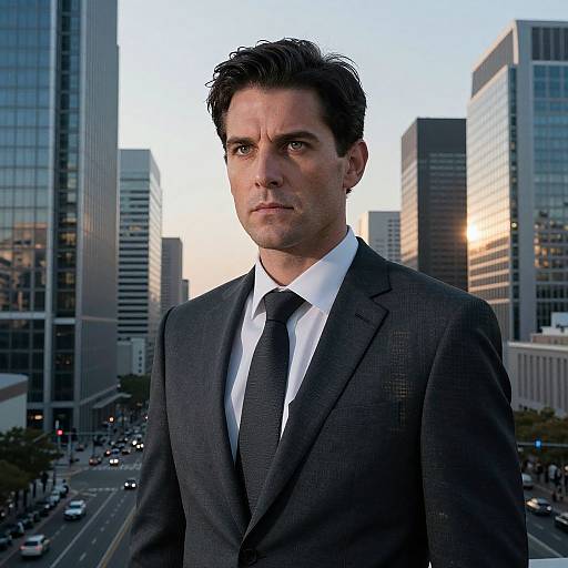 Photograph of a serious-looking man with dark hair in a black suit and tie, standing in a bustling cityscape at sunset. Tall skyscrapers