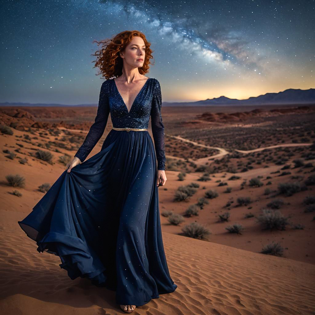 Regal Woman in Starry Desert Gown