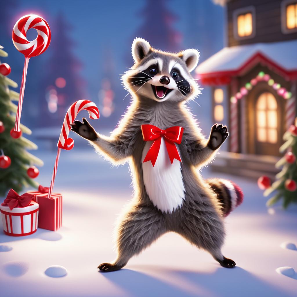 Playful Raccoon Dancing with Candy Cane