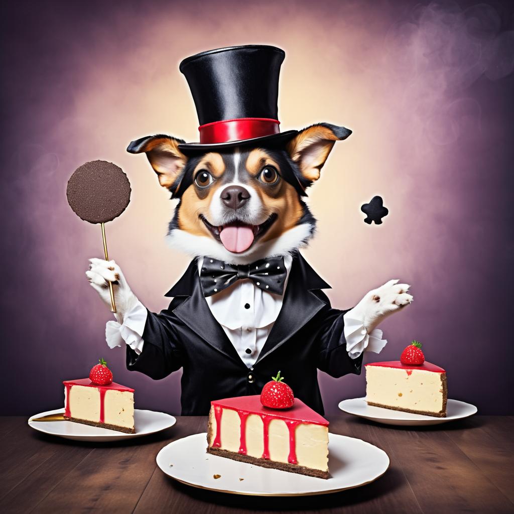 Whimsical Dog Magician Enjoys Cheesecake