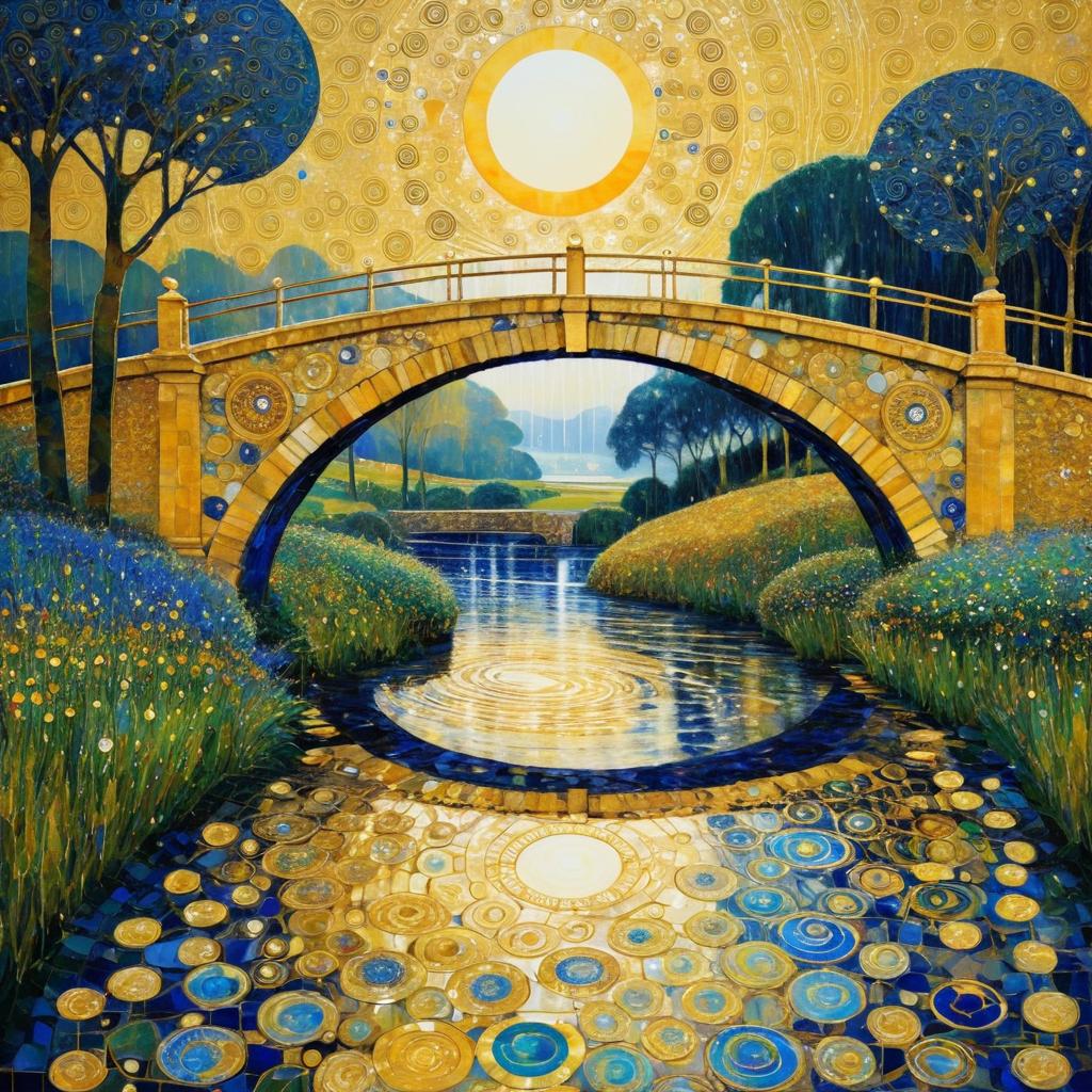 Gustav Klimt-Inspired Rainy Bridge Scene