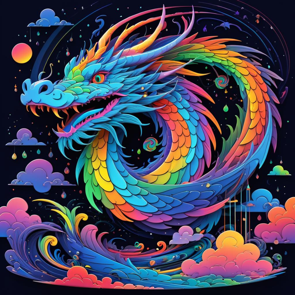 Whimsical Dragon in Rainbow Clouds