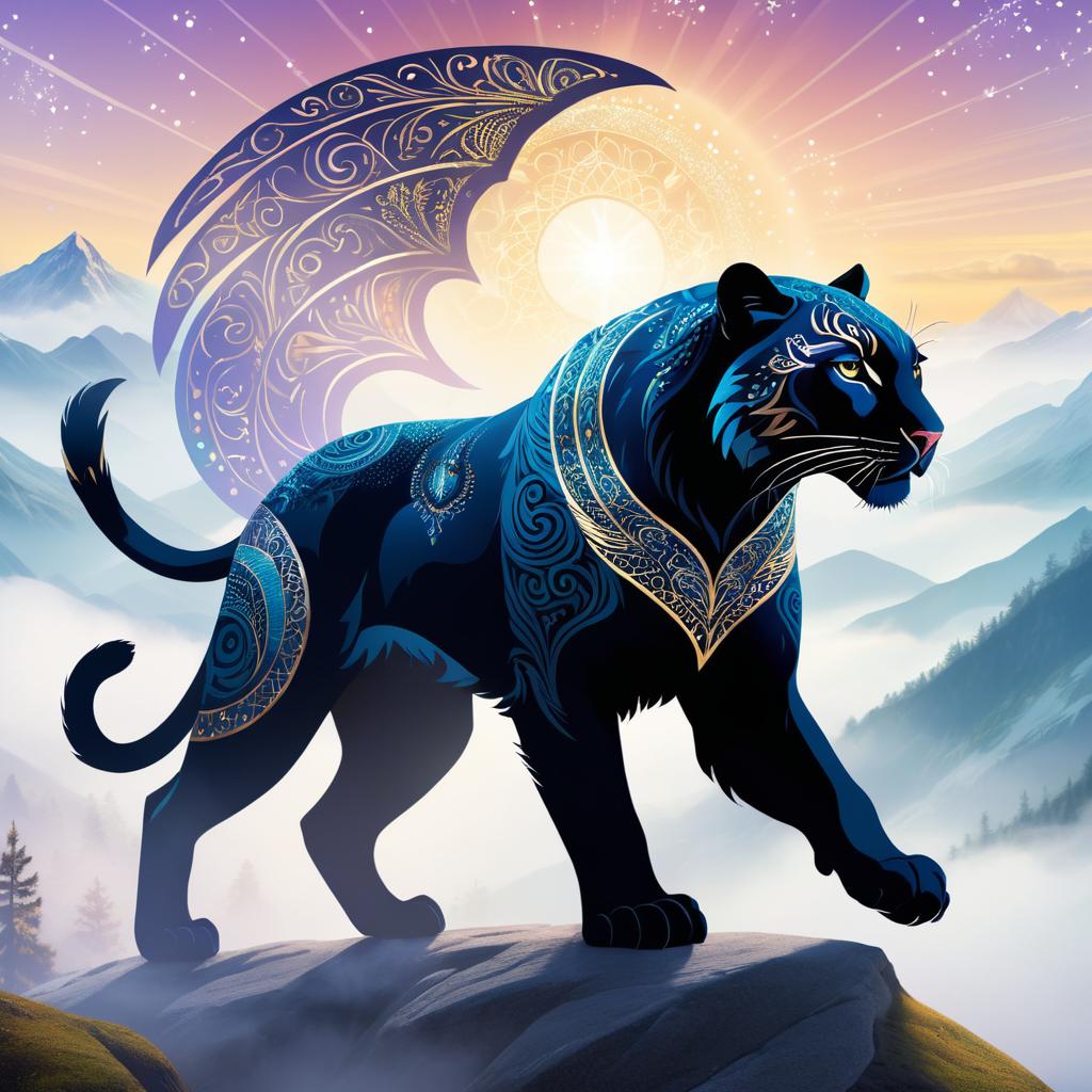 Mystical Panther-Falcon Beast in Misty Mountains