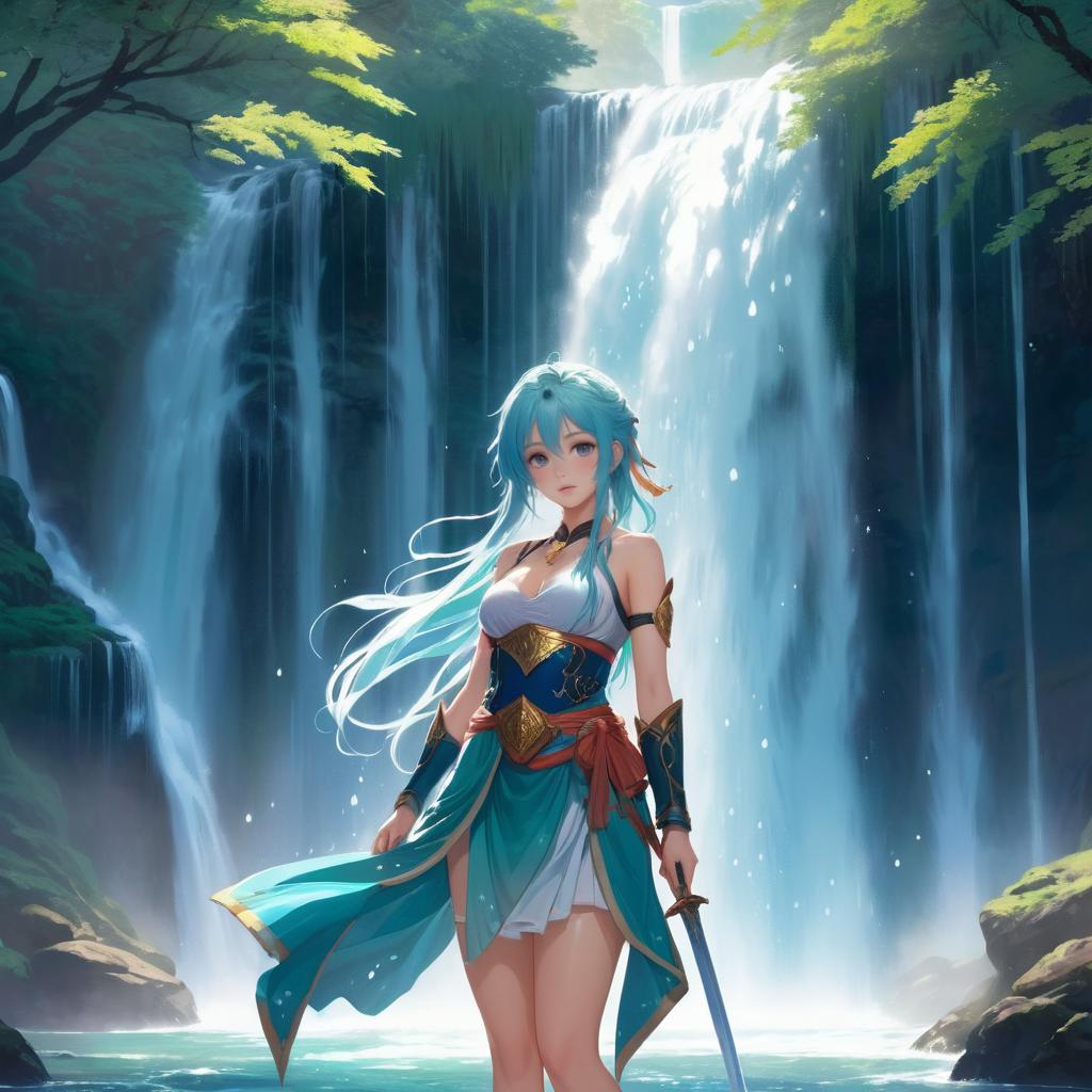 Ethereal Warrior Under Dreamy Waterfall