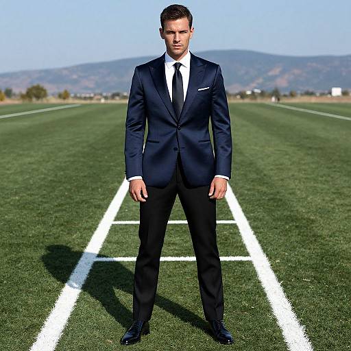 Photograph of a serious-looking man in a black suit, white shirt, and black tie standing on a green football field with white lines, mountains in