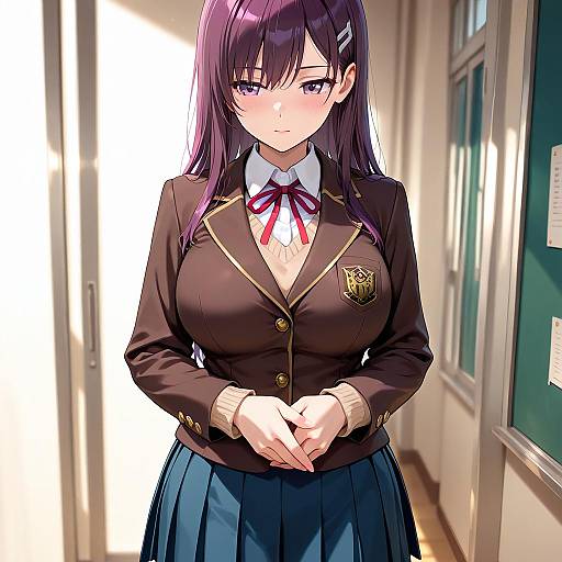Anime Schoolgirl in Uniform with Purple Hair
