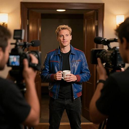 Man in Blue Jacket Surrounded by Cameras