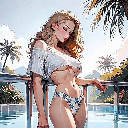 Blonde Woman in Crop Top and Floral Bikini Bottoms by Pool