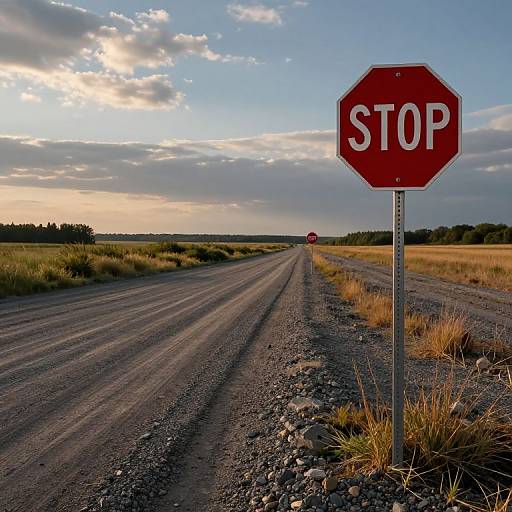 Photograph of a long, gravel road with two red 