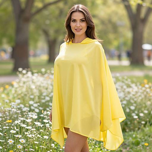 Photograph of a smiling woman with long brown hair, wearing a bright yellow, loose, asymmetrical shirt, standing in a sunlit park with white