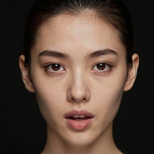 Photograph of a young woman with fair skin, brown eyes, and dark hair pulled back, against a black background, showing a neutral expression.