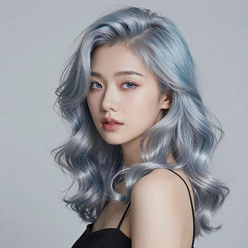 Young woman with icy blue curly hair