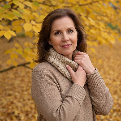 Photograph of a smiling middle-aged woman with brown hair, wearing a beige knitted coat and scarf, standing in a autumnal forest with yellow leaves