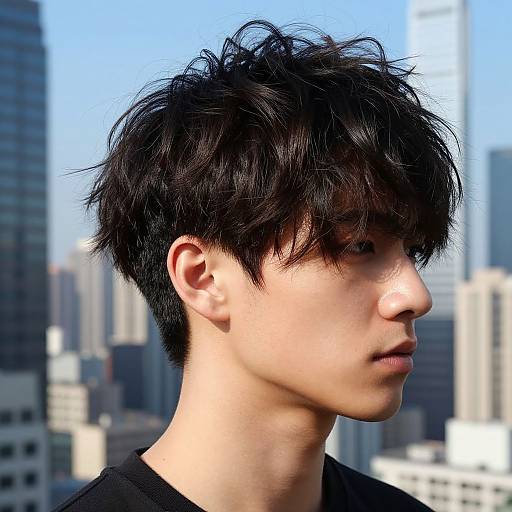 Photograph of an Asian young man with messy black hair, pale skin, black shirt, profile view, urban cityscape background.
