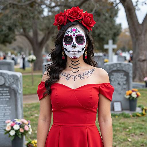Vibrant Sugar Skull Woman at Cemetery
