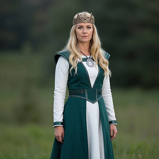 Photograph of a blonde woman with long hair, wearing a golden crown, green and white medieval-style dress, standing in a grassy field.