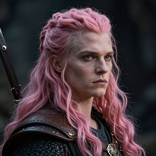 Photograph of a fierce, pale-skinned woman with pink, wavy hair, braided crown, wearing dark, armored attire with a sword,