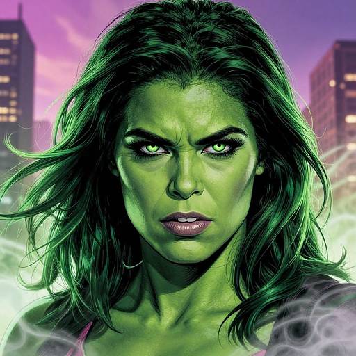 Digital art of fierce, green-skinned woman with long black hair, intense green eyes, and purple lipstick, set against a cityscape at sunset.