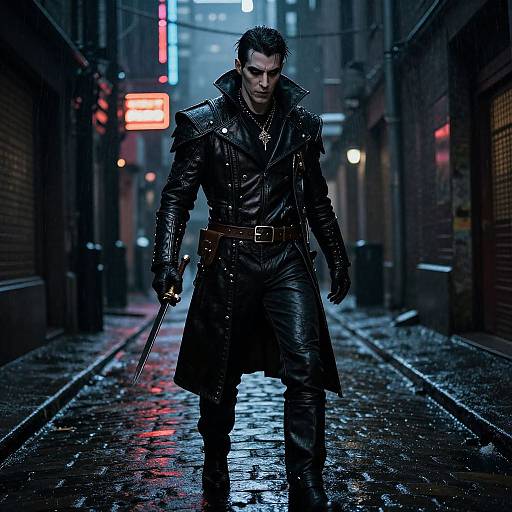 Dark, rain-soaked alley at night. Brooding man in black leather coat, gloves, and pants, holding sword, with cross necklace, walks