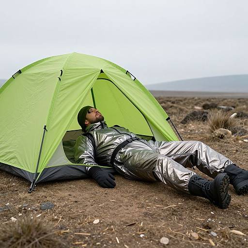Man in Neon Tent Wearing Metallic Suit