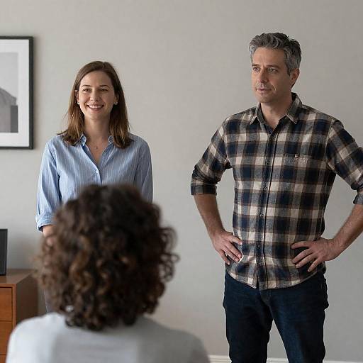 Three People Having a Conversation Indoors