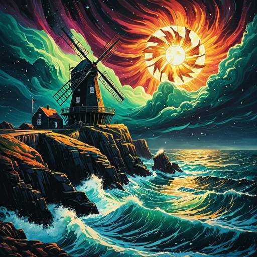 Surreal Windmill on Cliff with Glowing Sun and Turbulent Sea
