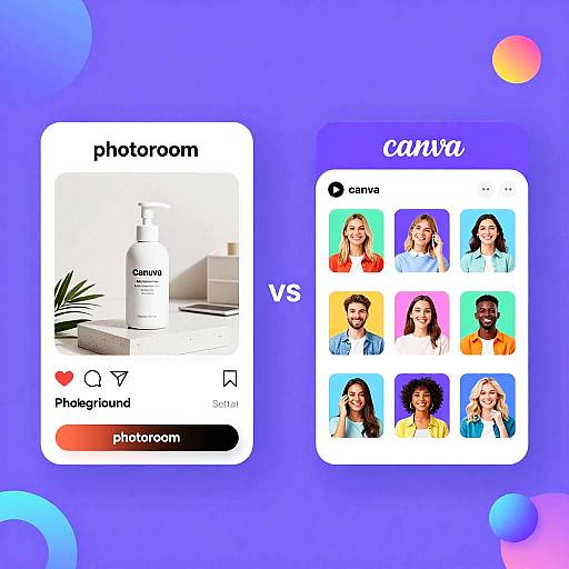 Digital comparison image showing two app screens: left with photo editing features, right with a camera interface displaying diverse user profiles. Background is purple with colorful circular