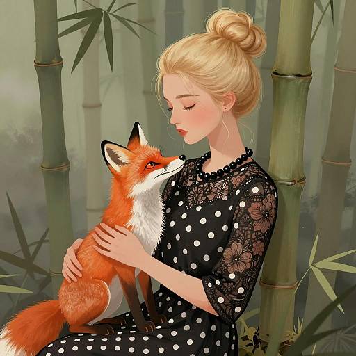 Elegant Woman with Fox in Bamboo Garden