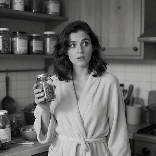 Black-and-White Woman Holding Jar in Kitchen