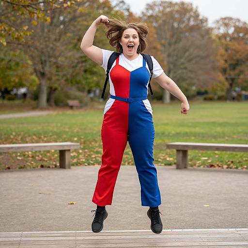 Photograph of a smiling woman with medium-length brown hair, wearing a tri-color jumpsuit (red, white, blue), black shoes, and backpack