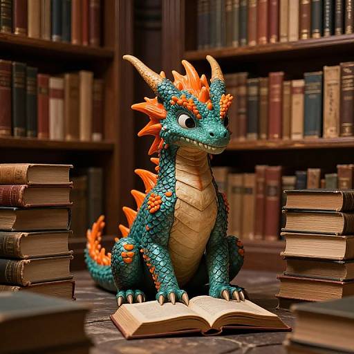 CGI image of a vibrant turquoise dragon with orange spines, sitting on a library floor surrounded by stacks of books, reading an open book.