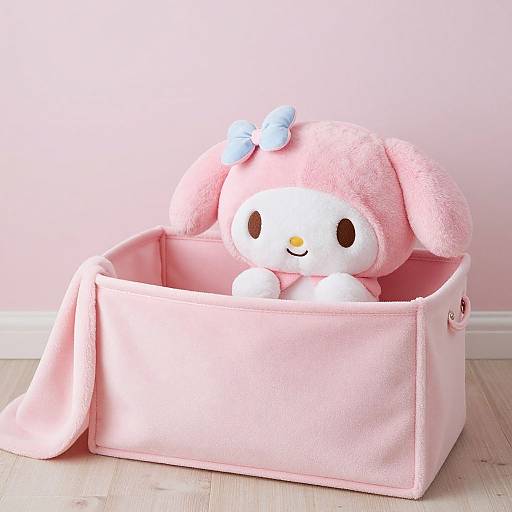 Photograph of a cute, pink, plush bunny with a blue bow, peeking out of a pink fabric box on a light wood floor against a