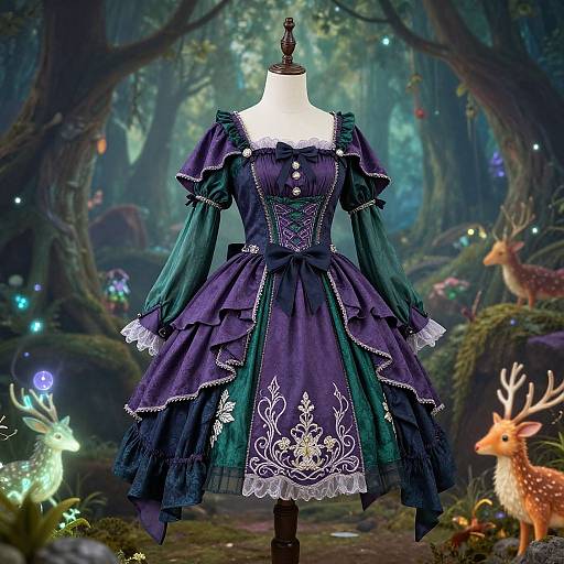 Enchanted forest dress display: dark purple gothic gown with white lace and embroidery, on a mannequin, surrounded by glowing fairies,