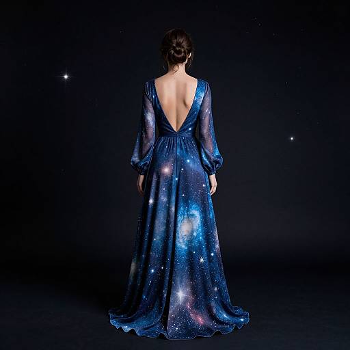 Photograph of a woman with dark hair in an elegant, deep-blue, star-patterned gown with a backless design, standing against a black background