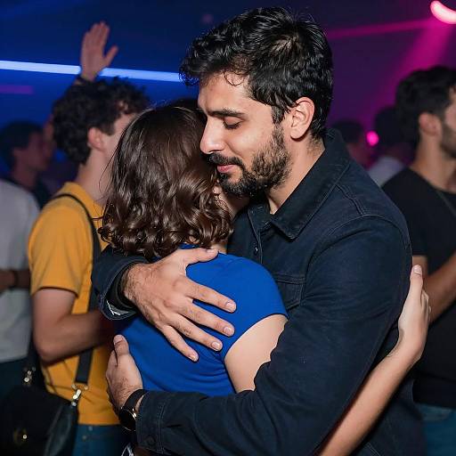 Couple Embracing in Neon Nightclub