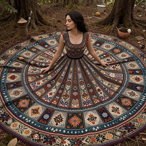 Photograph of a woman with long dark hair, wearing an intricately patterned, colorful, full-circle dress, sitting in a forest, surrounded by