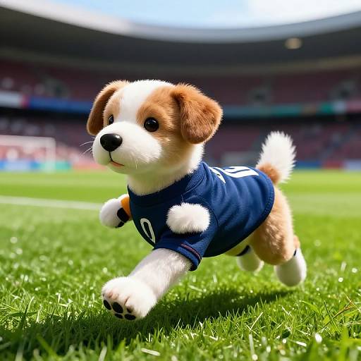 Adorable, brown-and-white puppy in a blue football jersey runs on green grass in a blurred-out stadium, sunlight shining brightly.