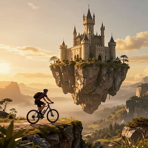 Digital illustration: Cyclist in silhouette on mountain edge, mountain castle with turrets and towers hovering above, sunset lighting, misty valley below, fantasy