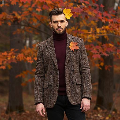 Photograph of bearded man with dark hair wearing brown tweed jacket, black turtleneck, and autumn leaves in forest background.